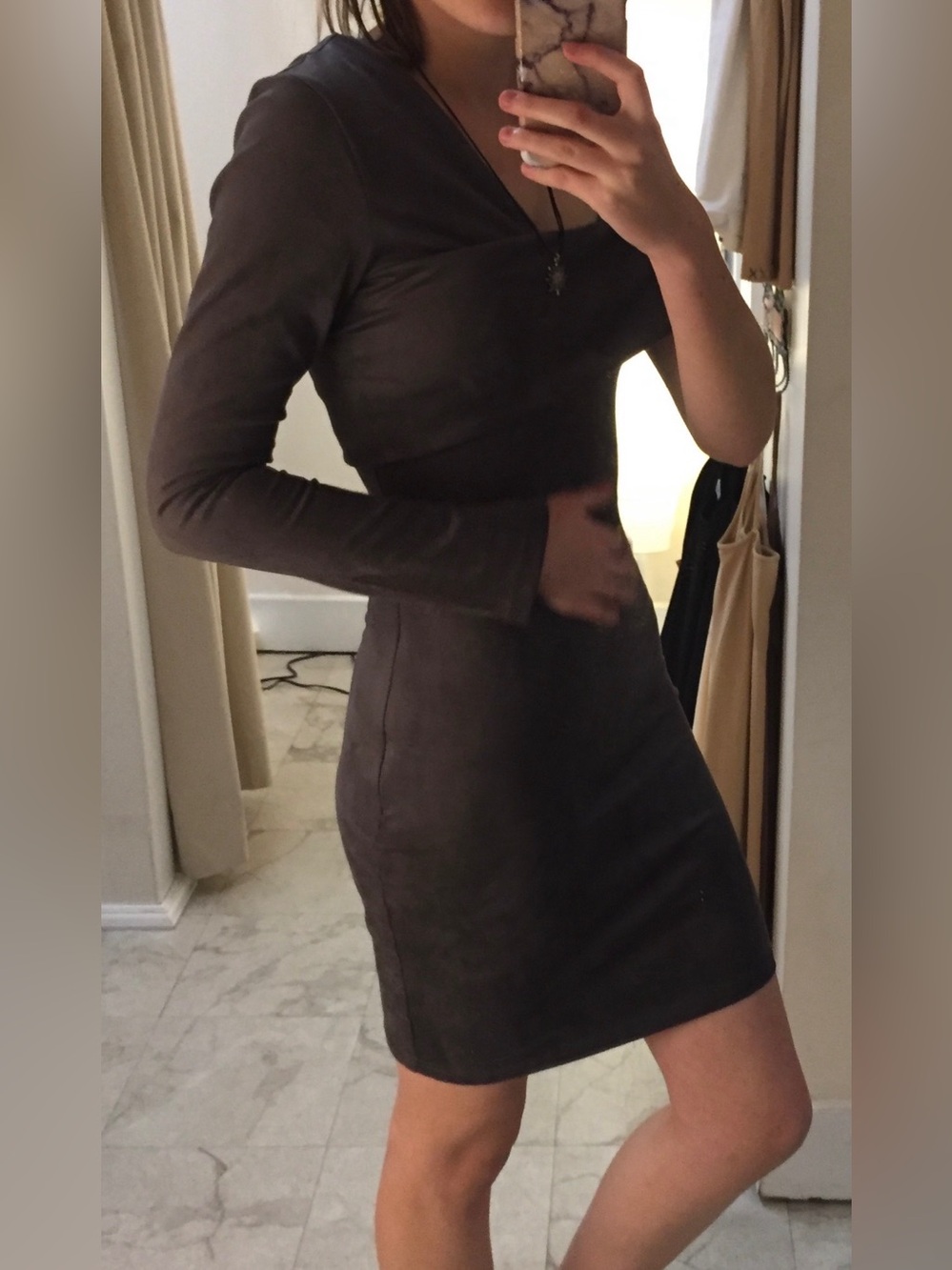 Olivaceous asymmetric off the shoulder faux suede bodycon minidress, size M
